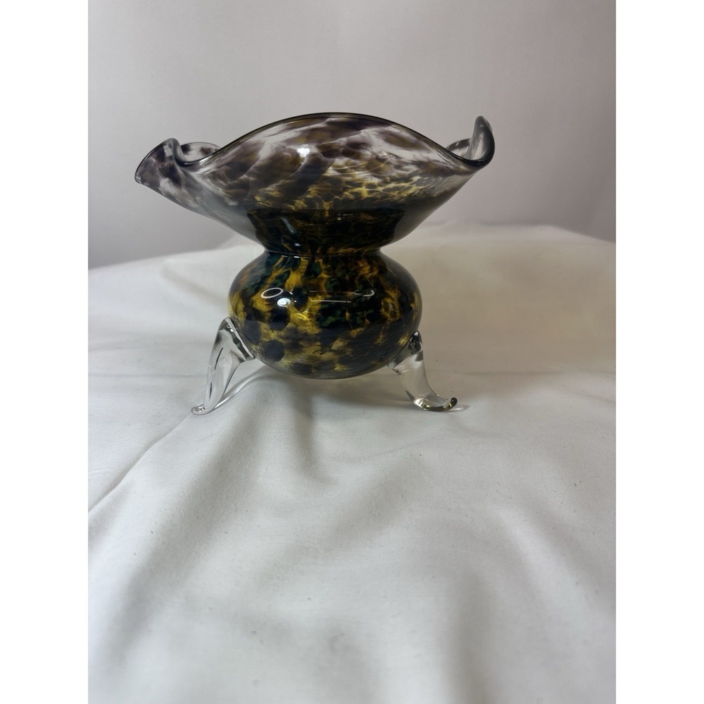 Murano Art Glass Amber, Yellow Tortoise Shell Ruffled 3 Footed Bowl Dish Signed - Picture 2 of 13